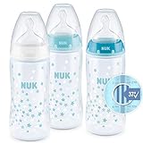 NUK First Choice Babyflaschen Set 3 Flaschen mit Temperature Control Anzeige Anti-Kolic Silikon-Trinksauger BPA-frei, blau, 300ml/ 0-6 Monate